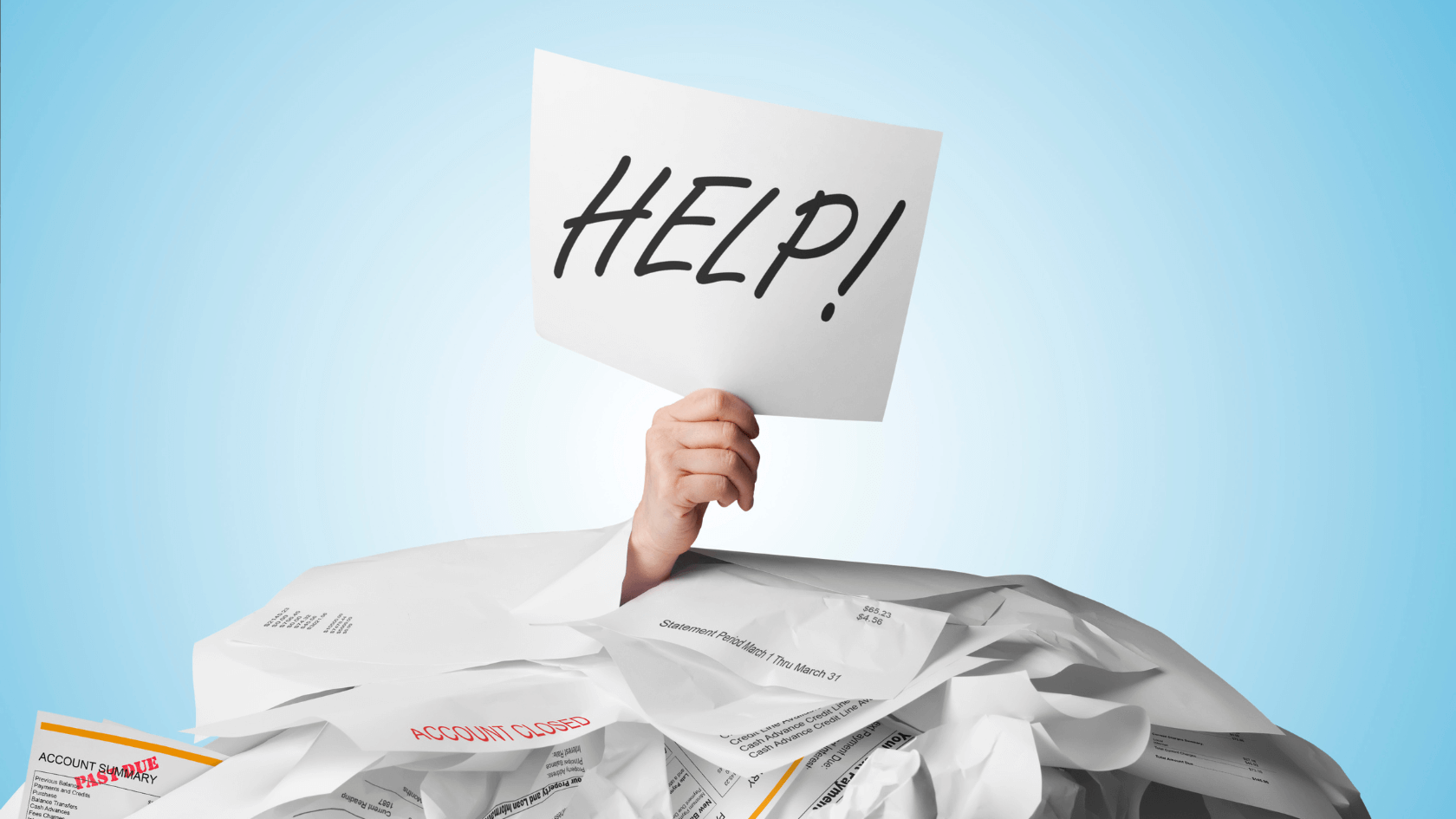A person drowning in bills and dues raising a paper with one hand with a text saying Help