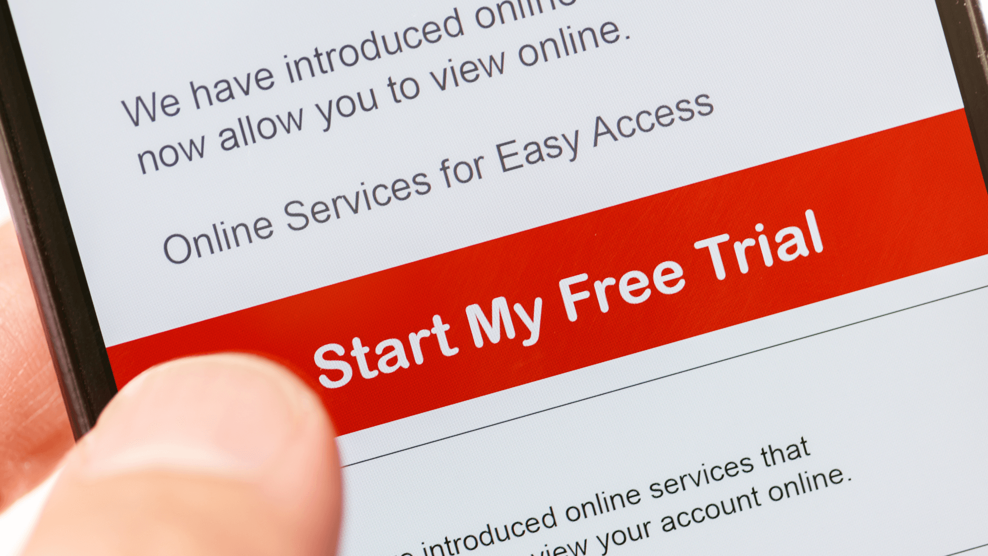 A phone displaying a Start My Free Trial offer