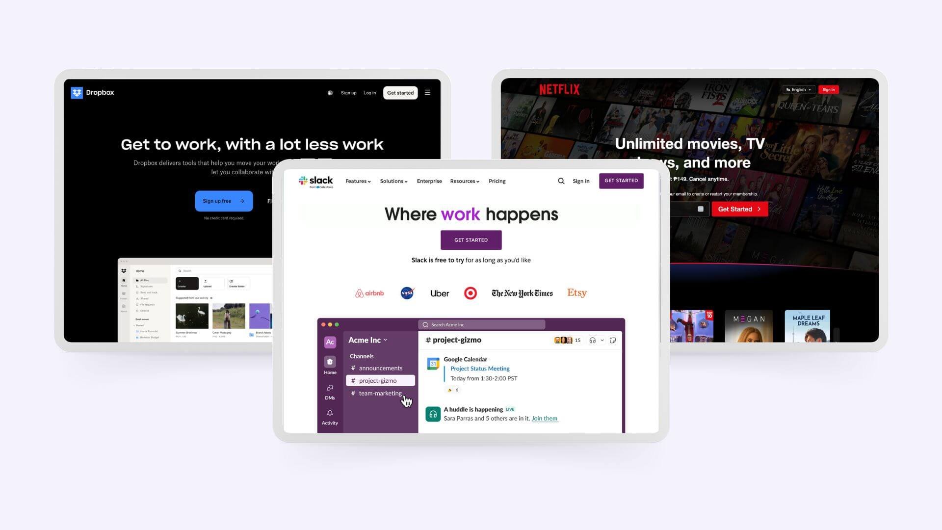 An image showing Dropbox, Slack and Netflix' website