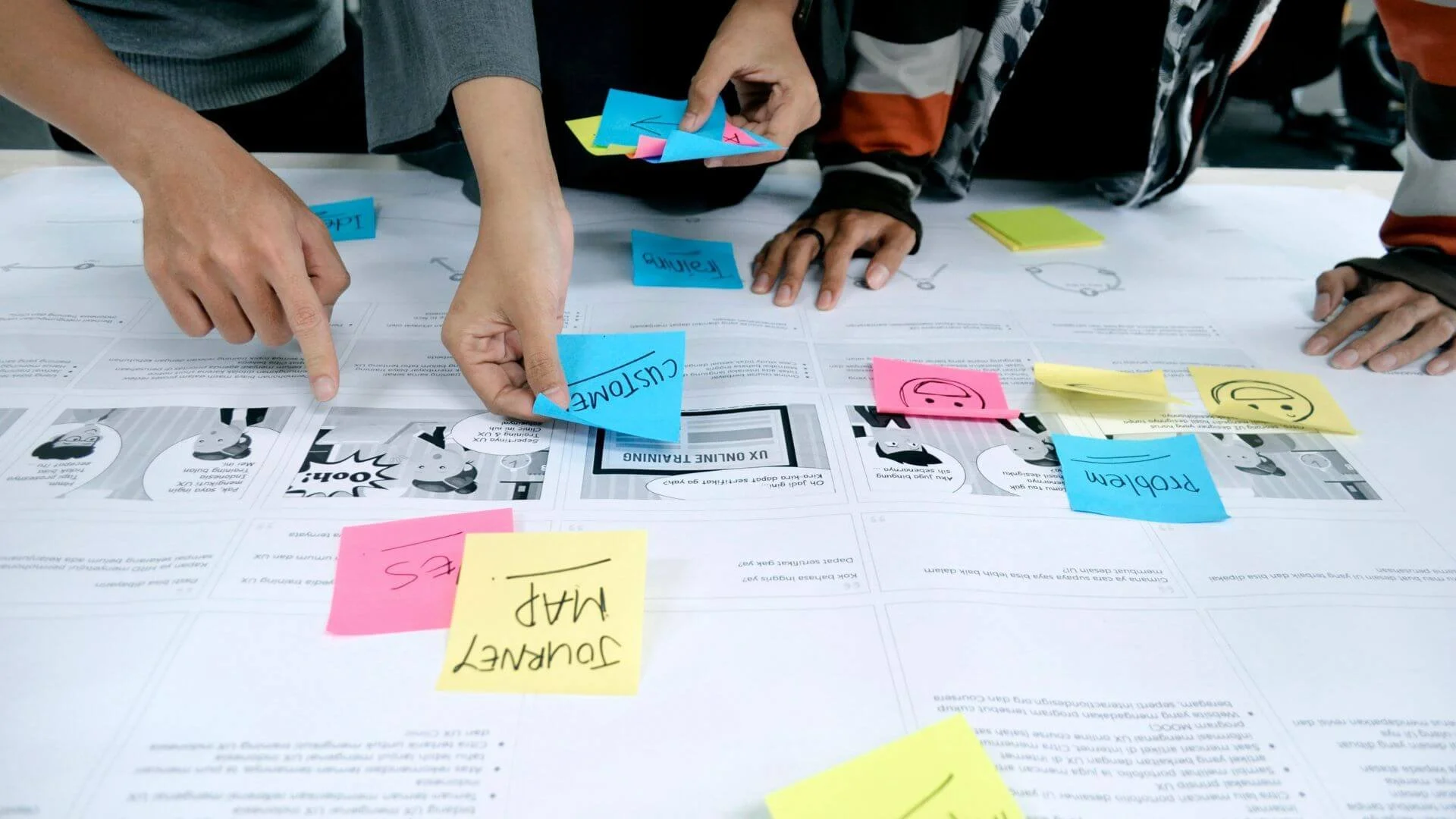 Group of people strategizing journey map with visual materials