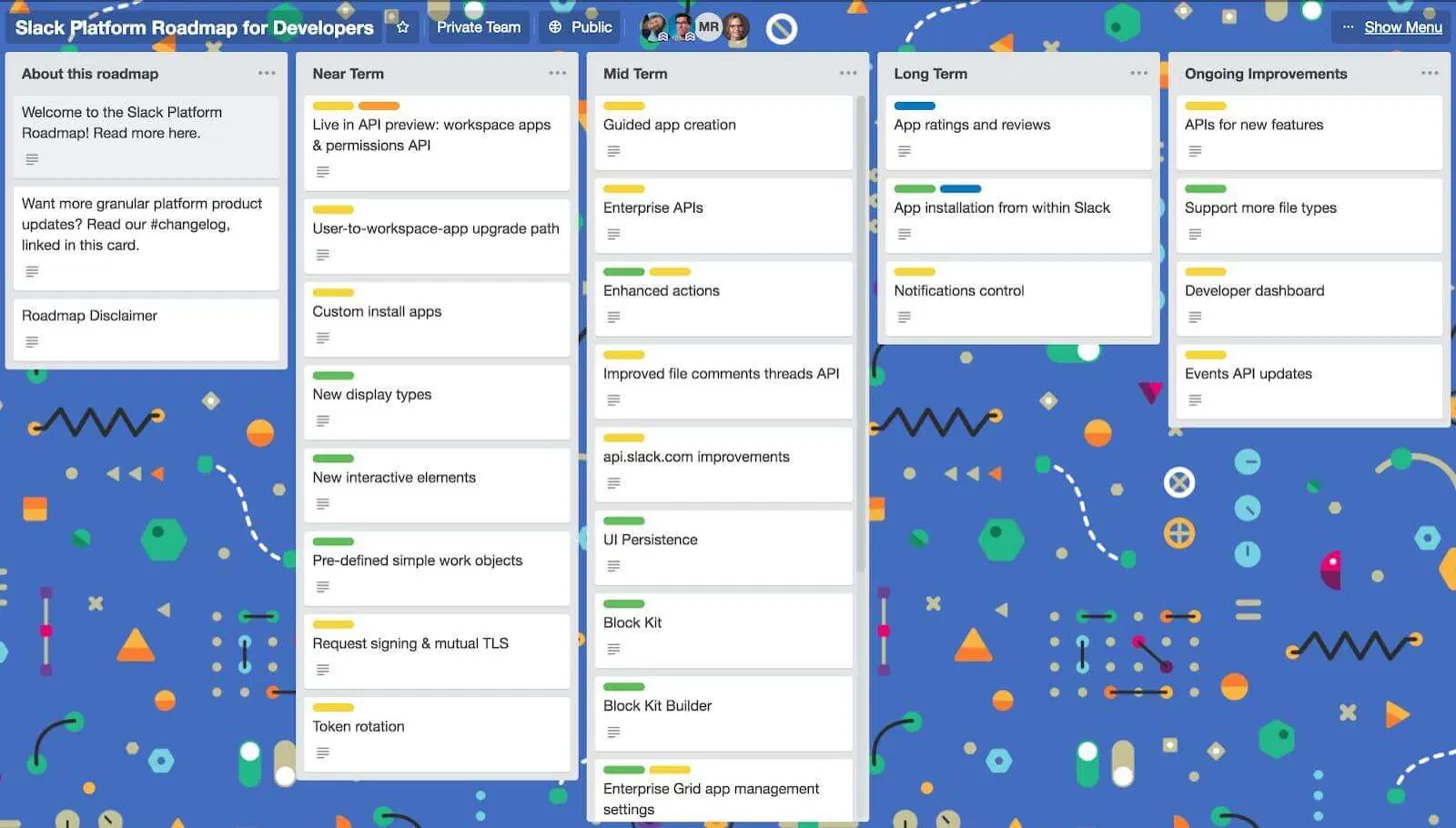 Slack Platform Roadmap for developers on Trello, with near term, mid term and long term columns