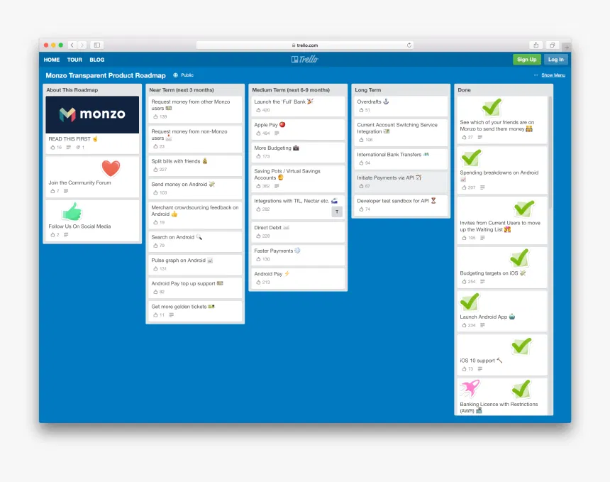 Monzo's transparent product roadmap on Trello, with near term, medium term, long term and done columns