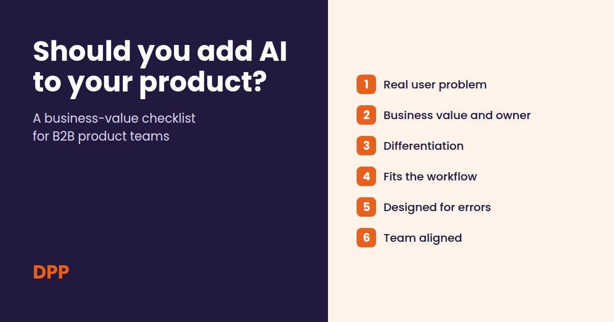 Six-checkpoint checklist for deciding whether to add AI to a B2B product