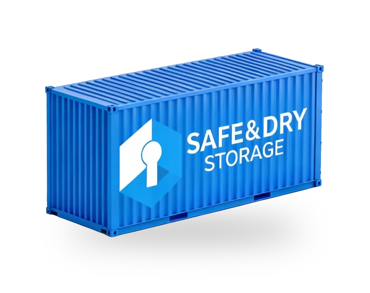 A graphic rendering of a self-storage container, with the Safe & Dry logo on the side