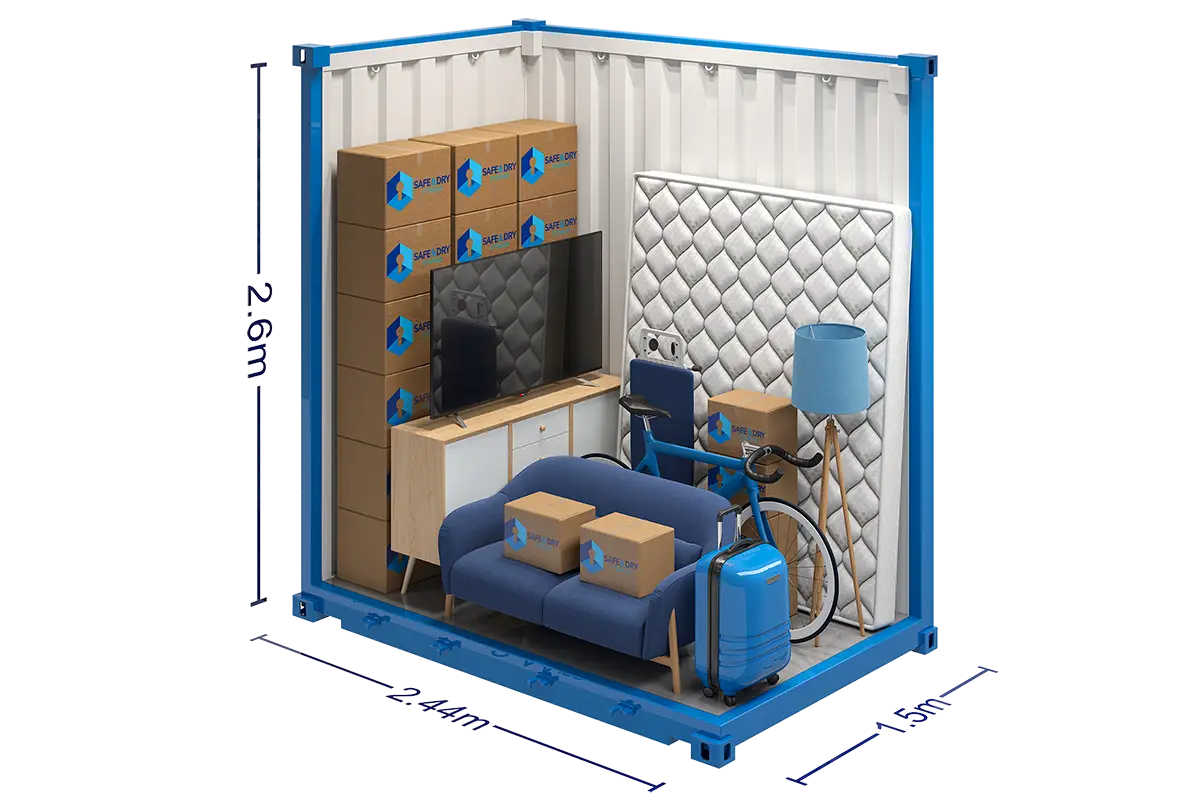 A graphic rendering showing a 40 square feet Safe & Dry storage container, with items inside including a bike, boxes, TV, mattress and living room unit