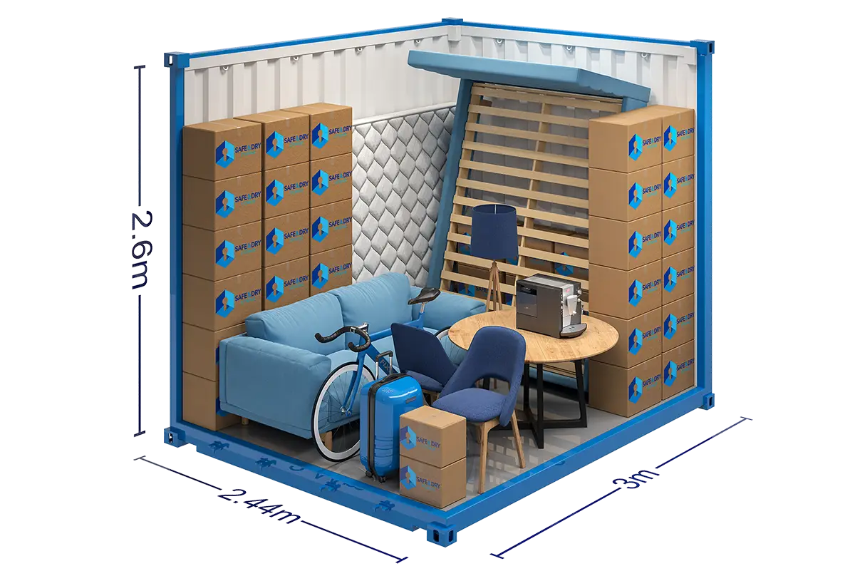 A graphic rendering showing an 80 square feet Safe & Dry storage container, with items inside including a sofa, bed, mattress, boxes, bike ,and table and chair