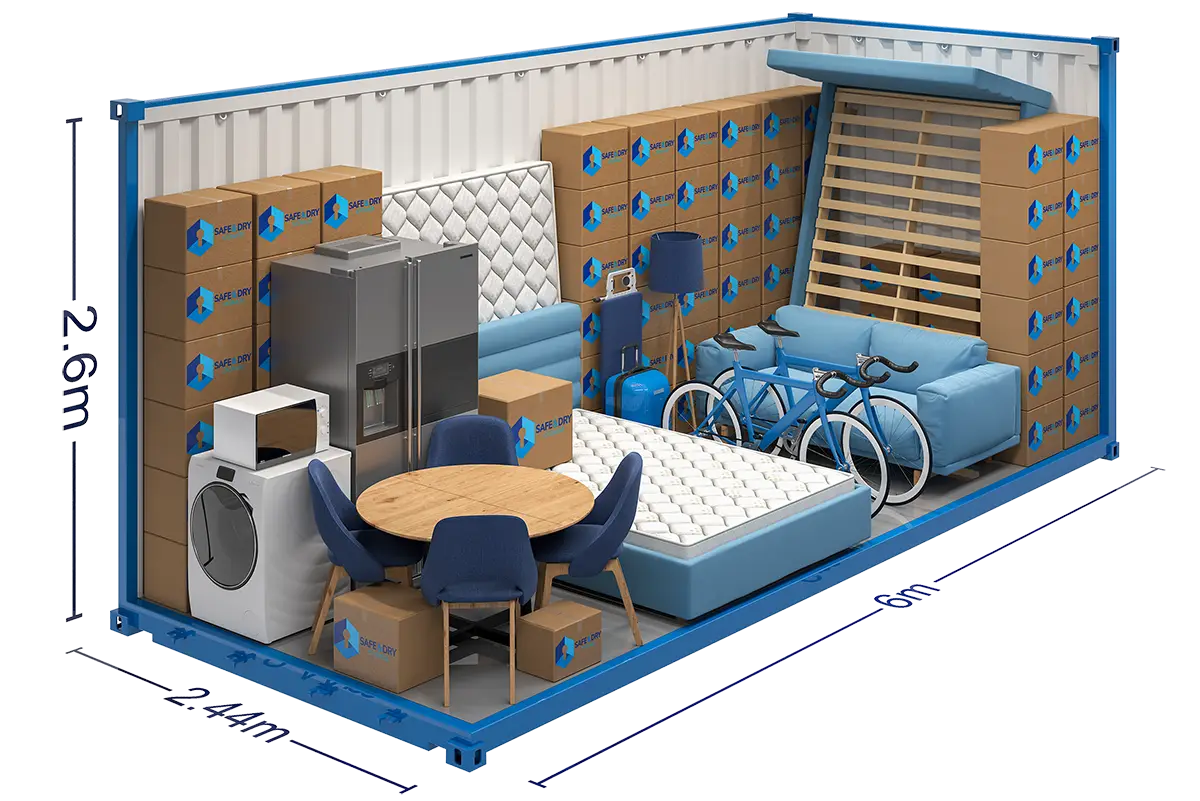 A graphic rendering of a 160 square feet Safe & Dry storage container with items inside, including two beds, a table and chairs, two bikes, washing machine, fridge freezer, sofa and boxes