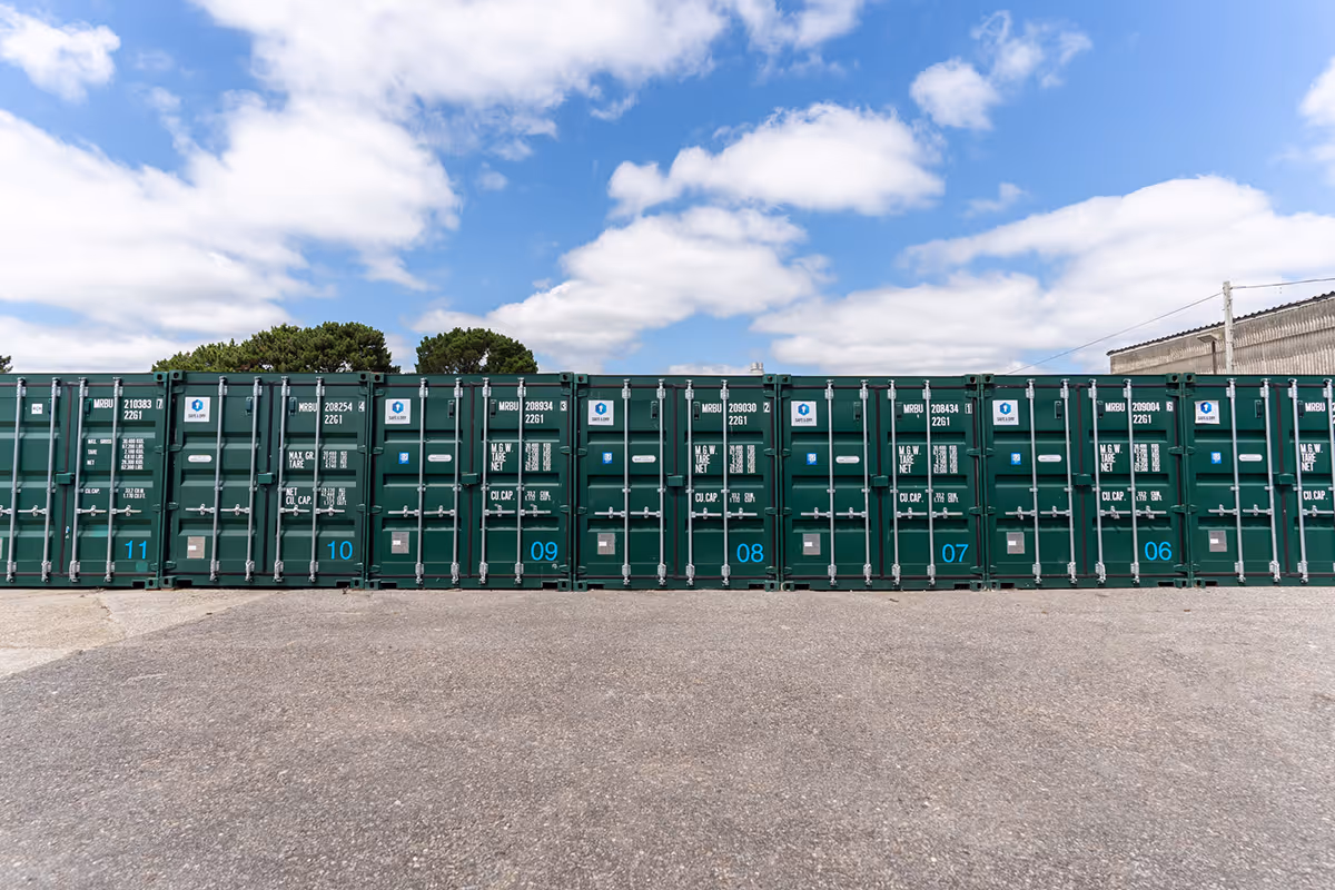 A wide shot image showing storage containers lined up at the Safe & Dry site