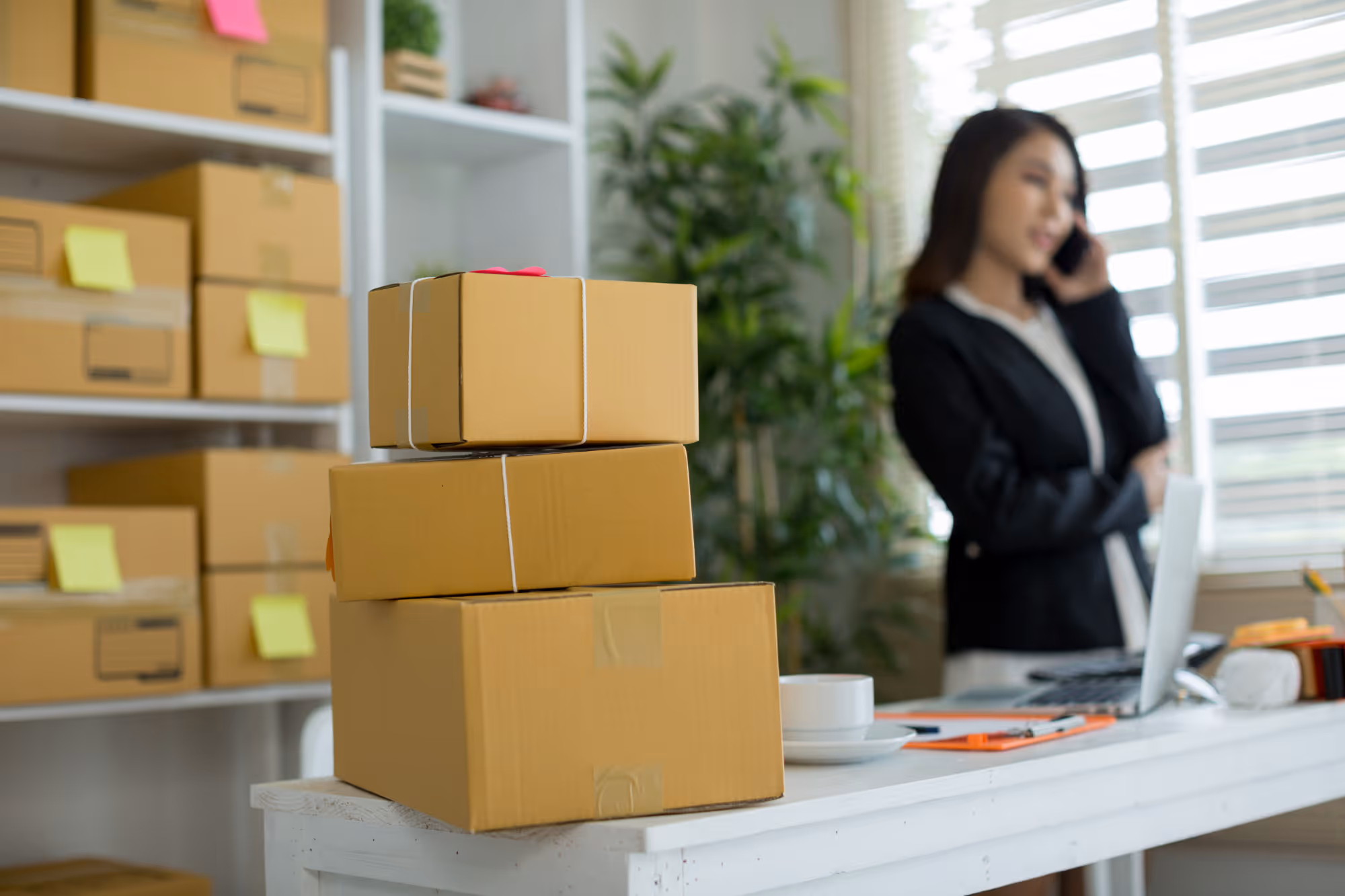 An image showing a woman on the phone surrounded by business inventory