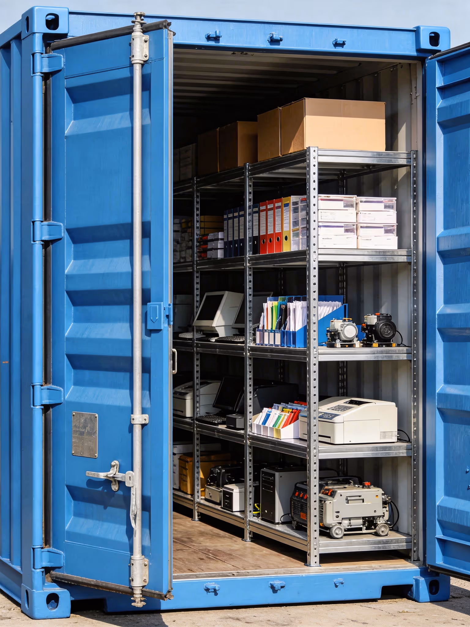 A storage container, with the doors open, showing business items stored on a rack inside
