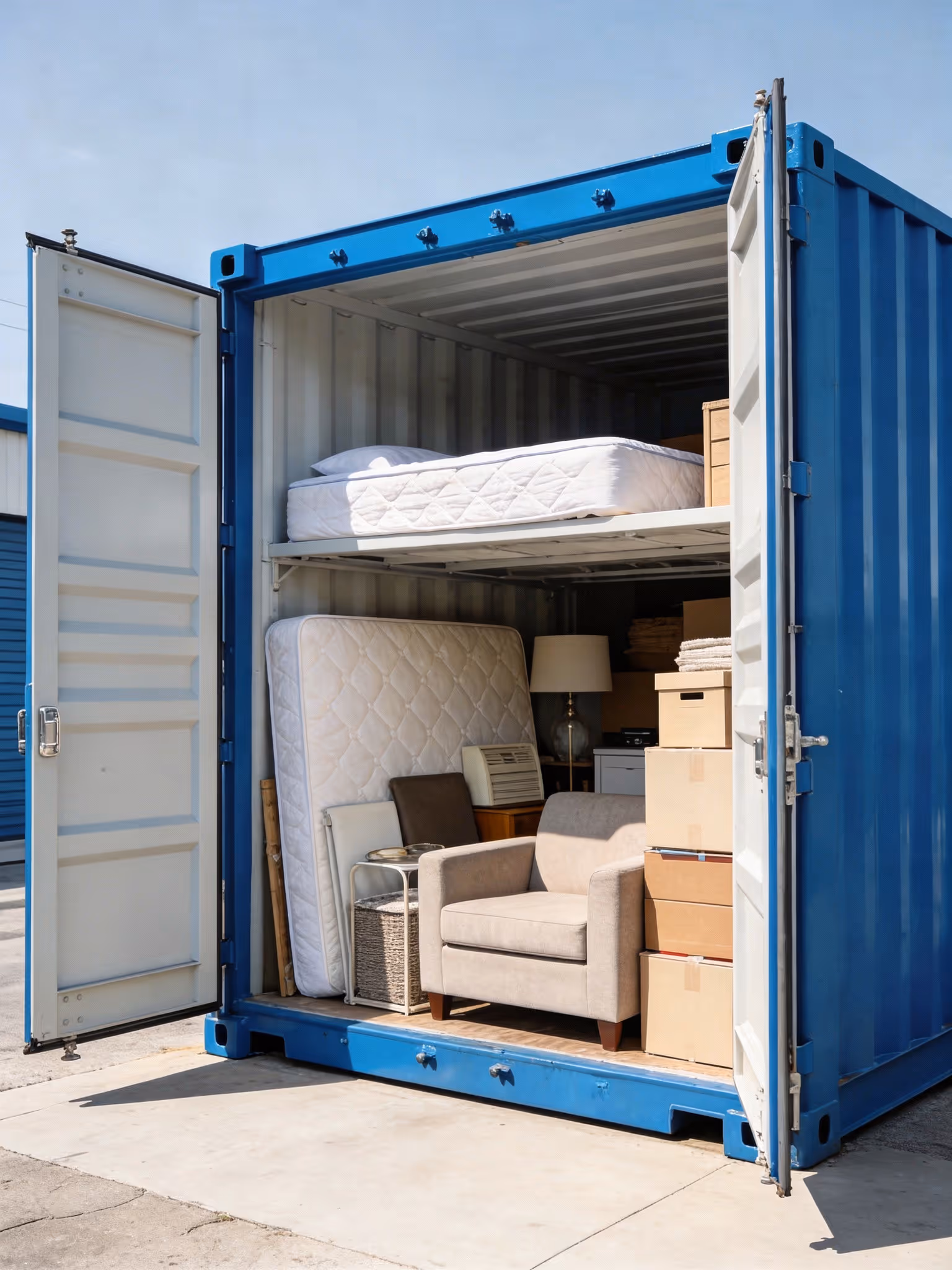 A storage container, with the doors open, showing personal, household items stored inside