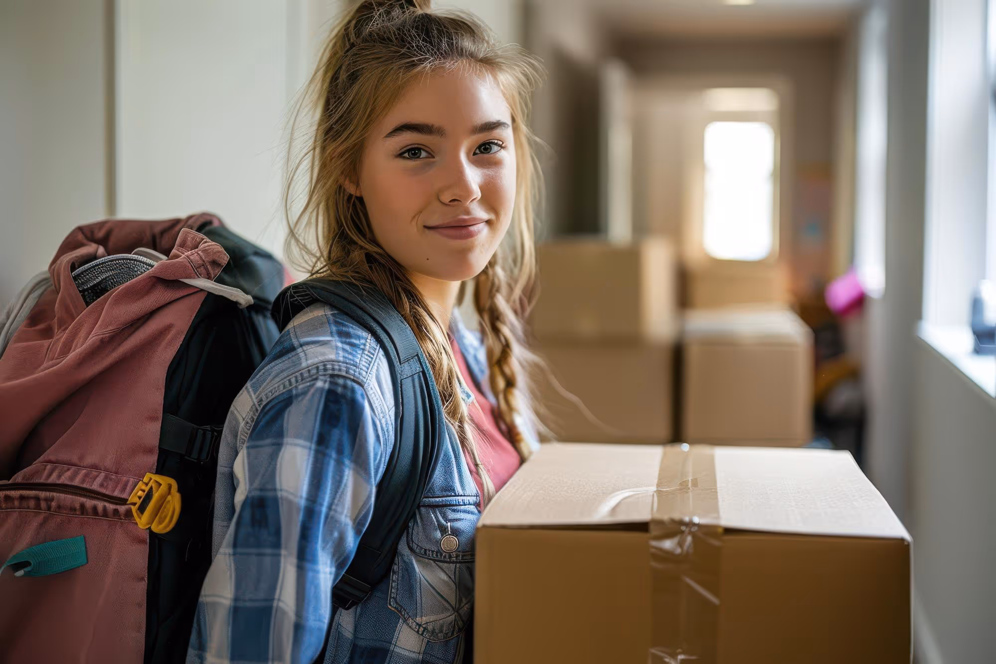 A student carrying a box, moving out of university halls at the end of a term