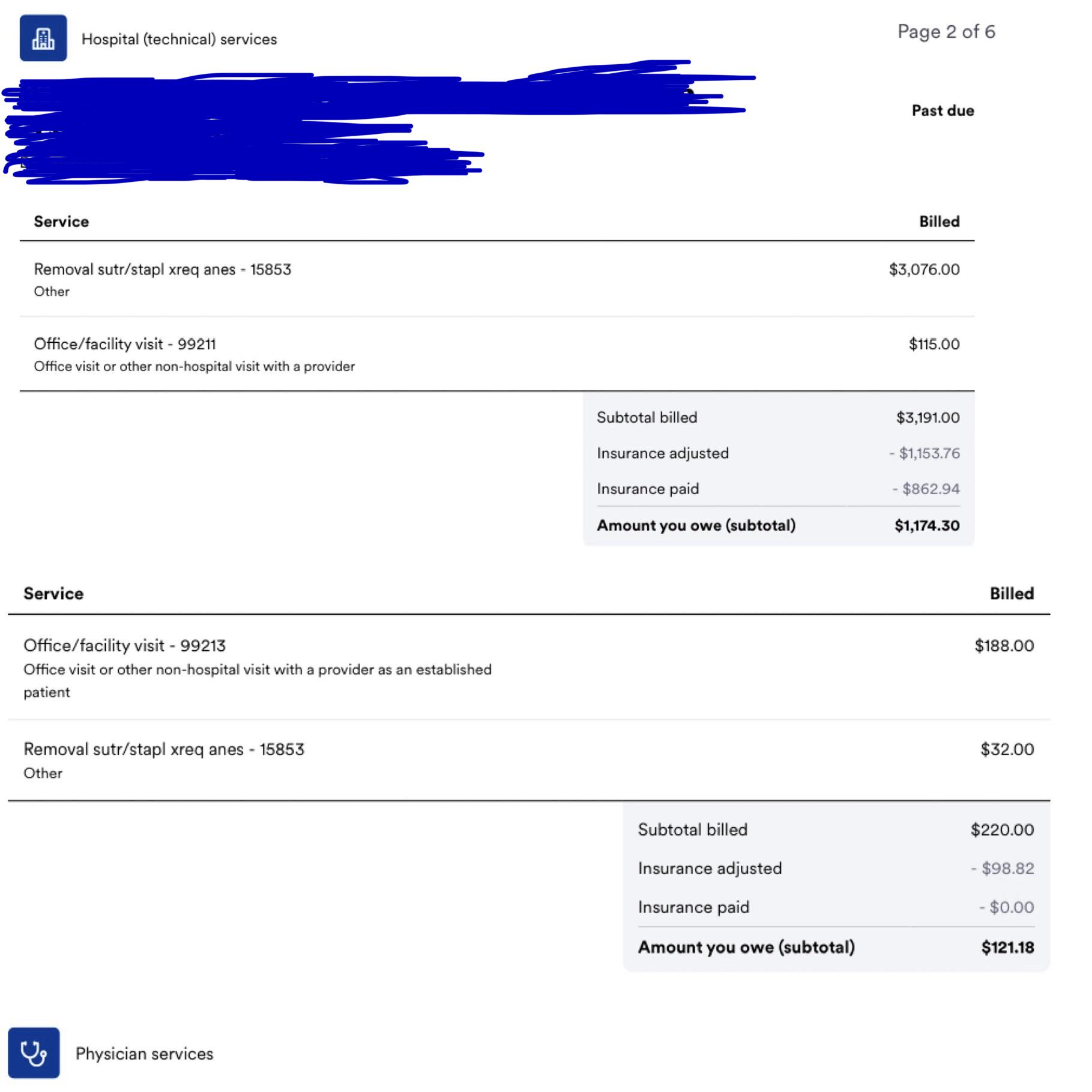 Itemized medical bill showing separate facility and physician charges for suture removal at a hospital-affiliated pediatric practice