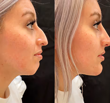 Side-by-side profile photos showing a woman's face before and after a cosmetic rhinoplasty procedure.