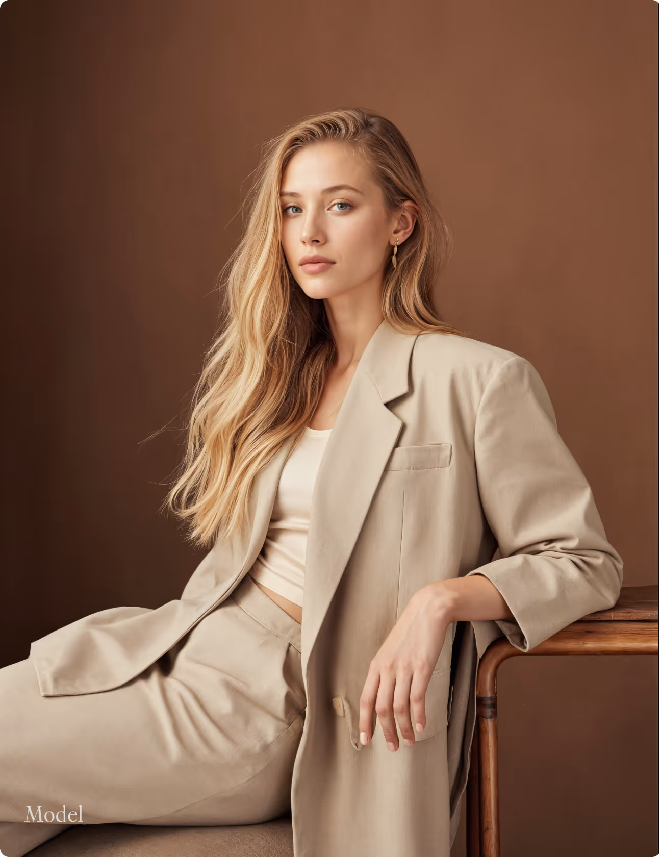 Young woman with long blonde hair wearing a beige suit sitting beside a wooden table against a brown background.