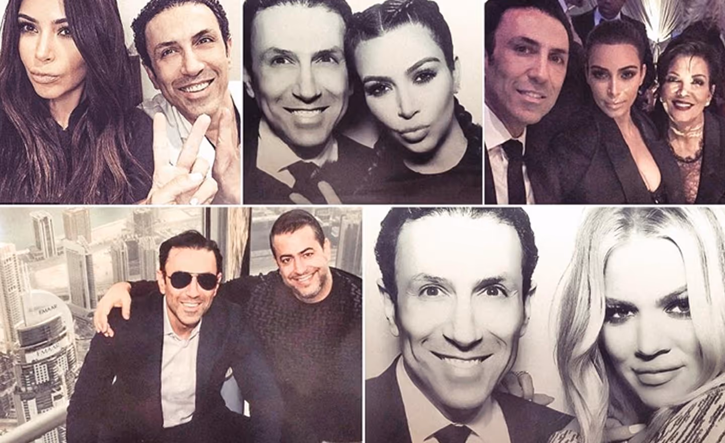Collage of six photos showing a man with different celebrities including Kim Kardashian and Khloe Kardashian.