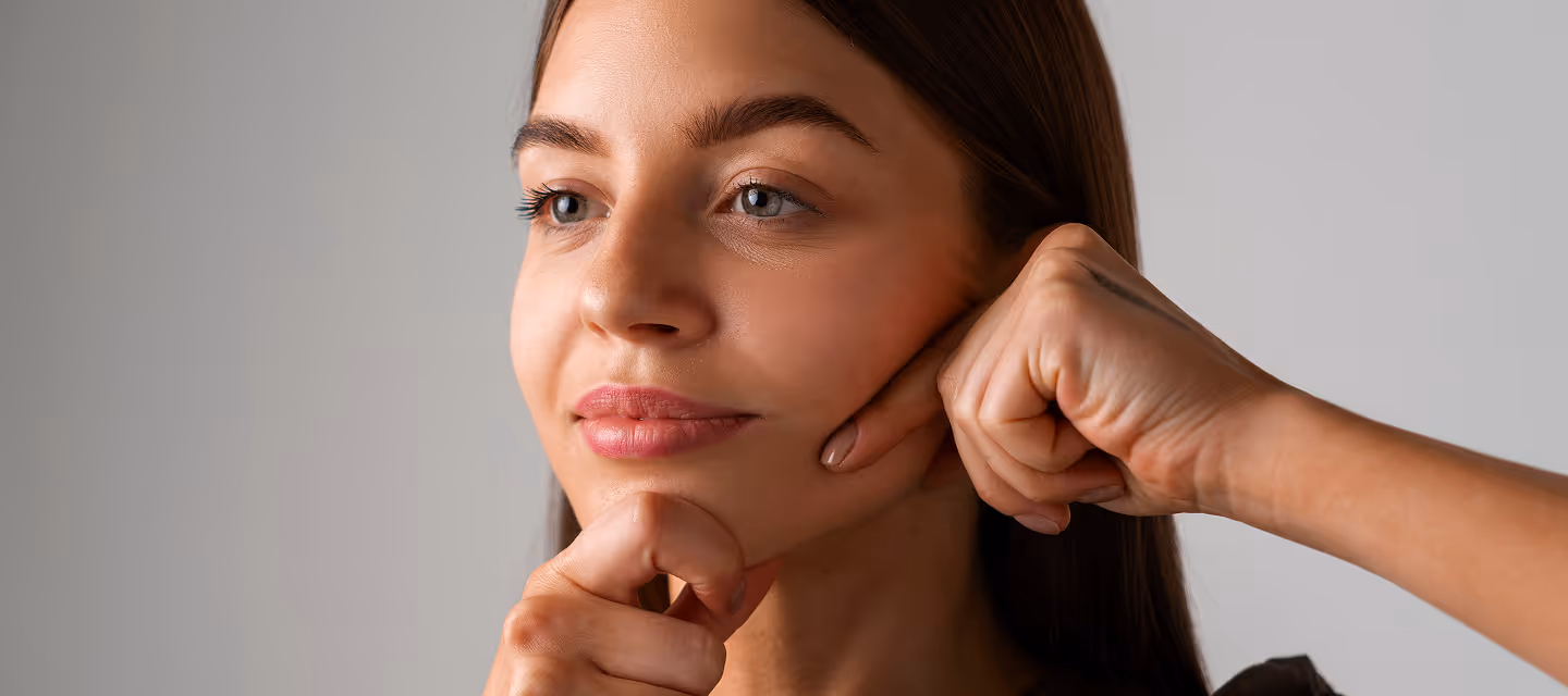 Close-up of a woman gently massaging her cheeks with both hands against a neutral background.