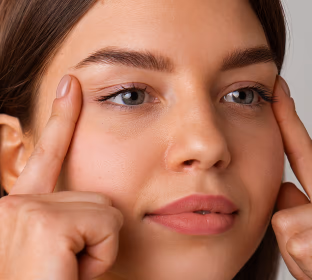 Close-up of a woman performing facial yoga, pressing her index fingers on the temples of her face.