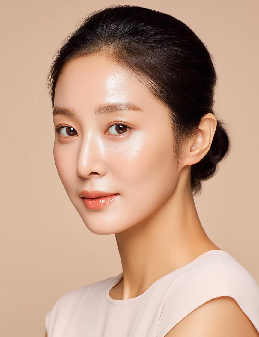 Close-up of a woman with clear skin, natural makeup, and hair tied back against beige background.