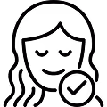 Line art of a smiling face with short hair and a contemplative hand under the chin.