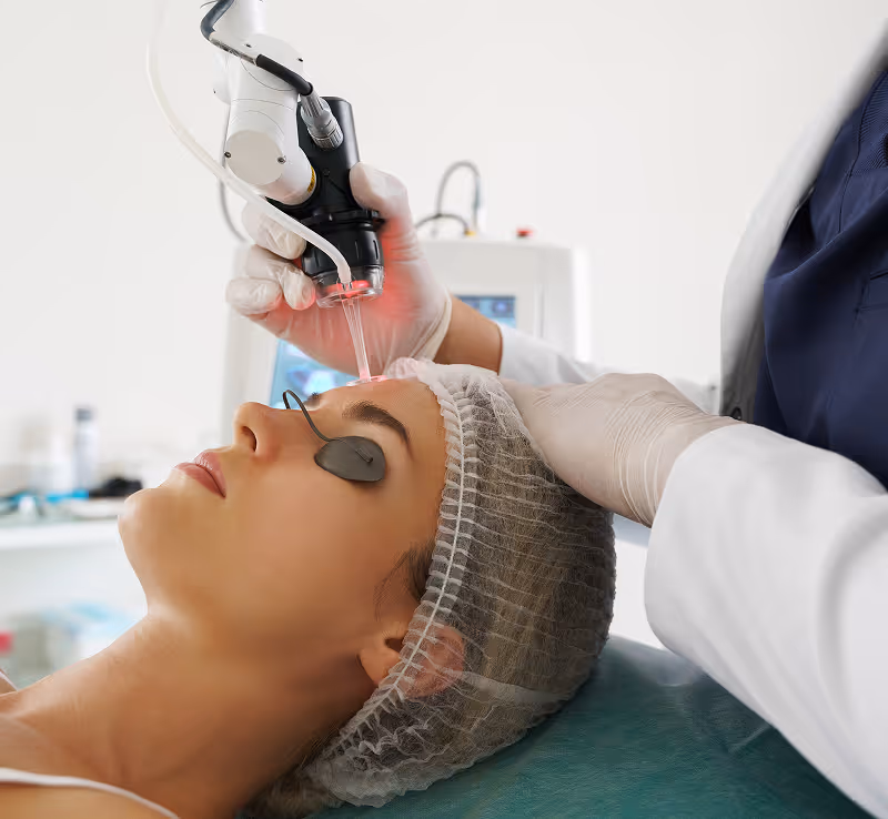 Woman receiving laser skin treatment on forehead with protective eye cover in a clinical setting.
