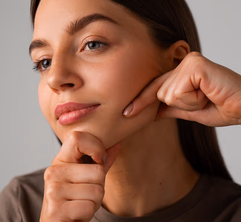 Woman with blue eyes pressing her cheeks with both hands against a neutral background.