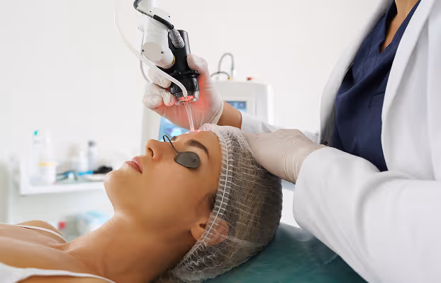 Clinician wearing gloves performing laser skin treatment on a woman's face in a clinical setting.