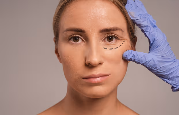 Woman with dashed line under one eye and a gloved hand touching her face, indicating cosmetic procedure.
