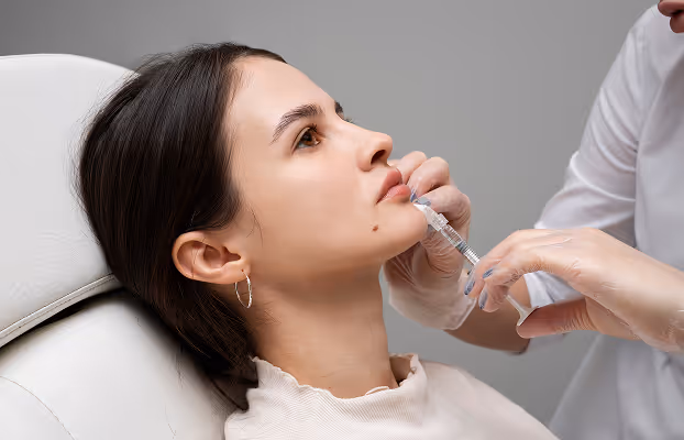 Young woman receiving a facial injection from a medical professional wearing gloves.