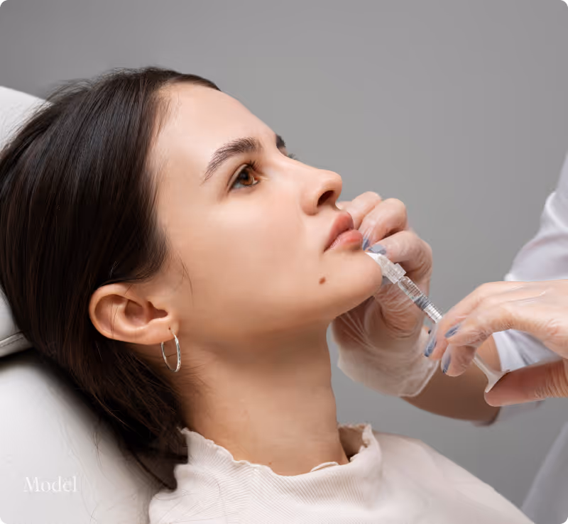 Woman receiving a cosmetic injection in her chin from a gloved medical professional.