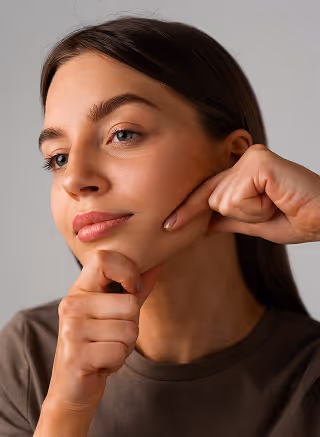 Woman gently pinching skin on her cheek while looking slightly to the side.