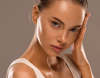 Close-up of a woman with glowing skin gently touching her face against a neutral background.