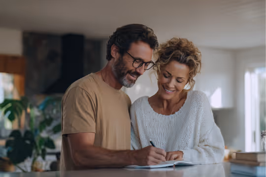Smiling couple writing on a document together on a table in a cozy home environment.