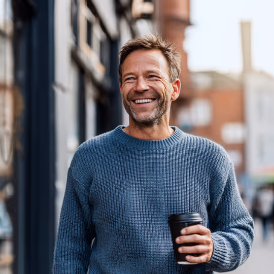 Smiling man in a blue sweater holding a takeout coffee cup walking outdoors in an urban area.