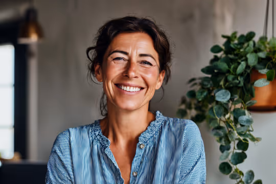 Smiling woman with dark hair in a blue striped blouse standing indoors by a green leafy plant.