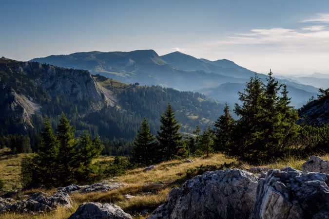 Mountain landscape with rocky foreground, pine trees, and hazy mountain ranges under a blue sky.
