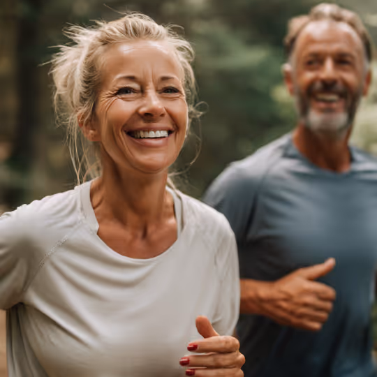 Smiling middle-aged woman running outdoors with a man jogging behind her in a blurred background.
