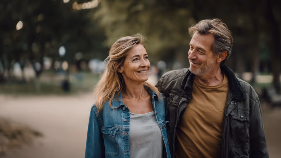 Middle-aged couple walking outdoors with the man smiling at the woman, both wearing casual jackets.