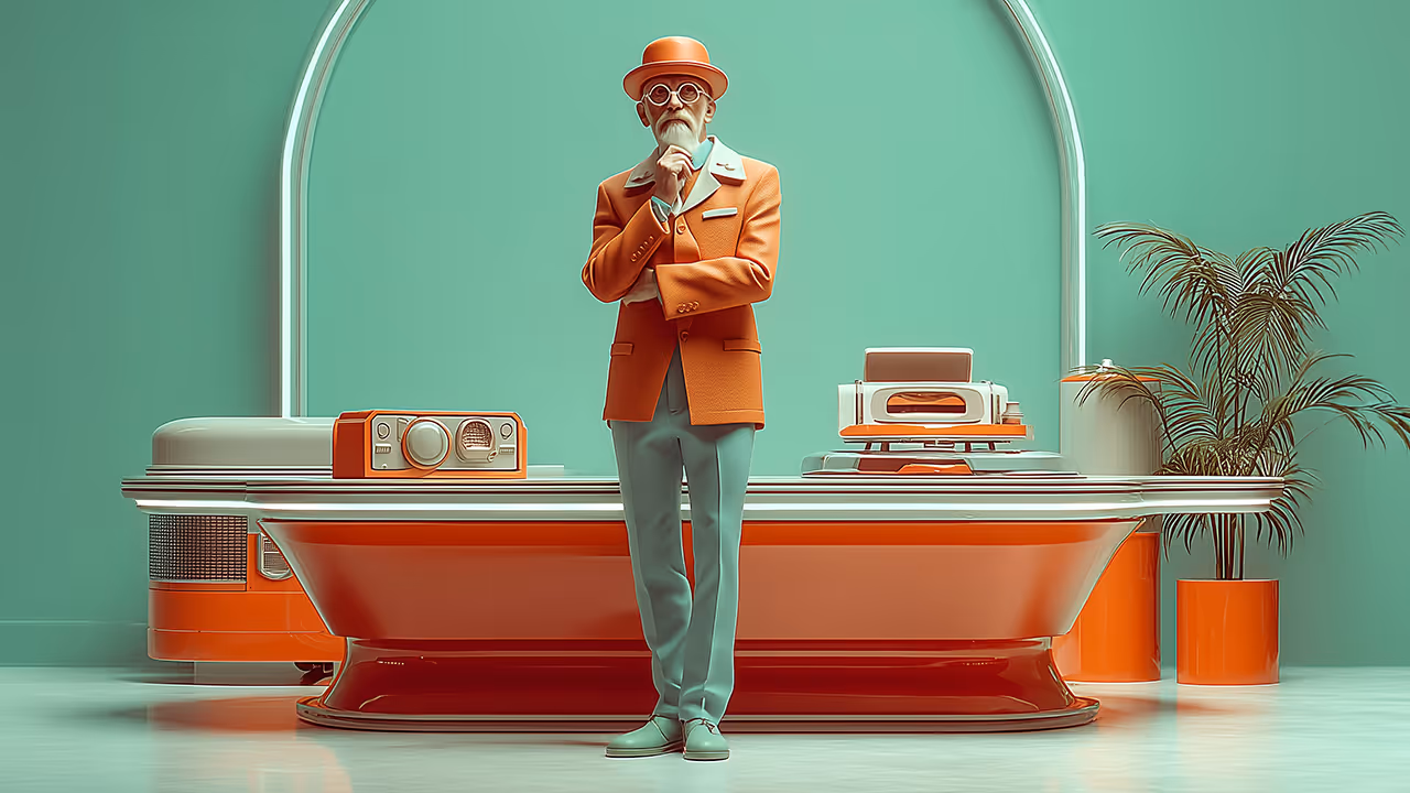 A stylized portrait of The Architect, standing in front of a mid-century/futuristic desk.