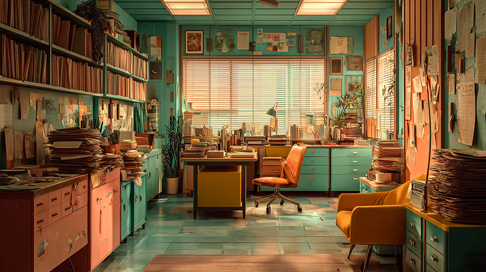 A messy mid-century office space with piles of papers everywhere.