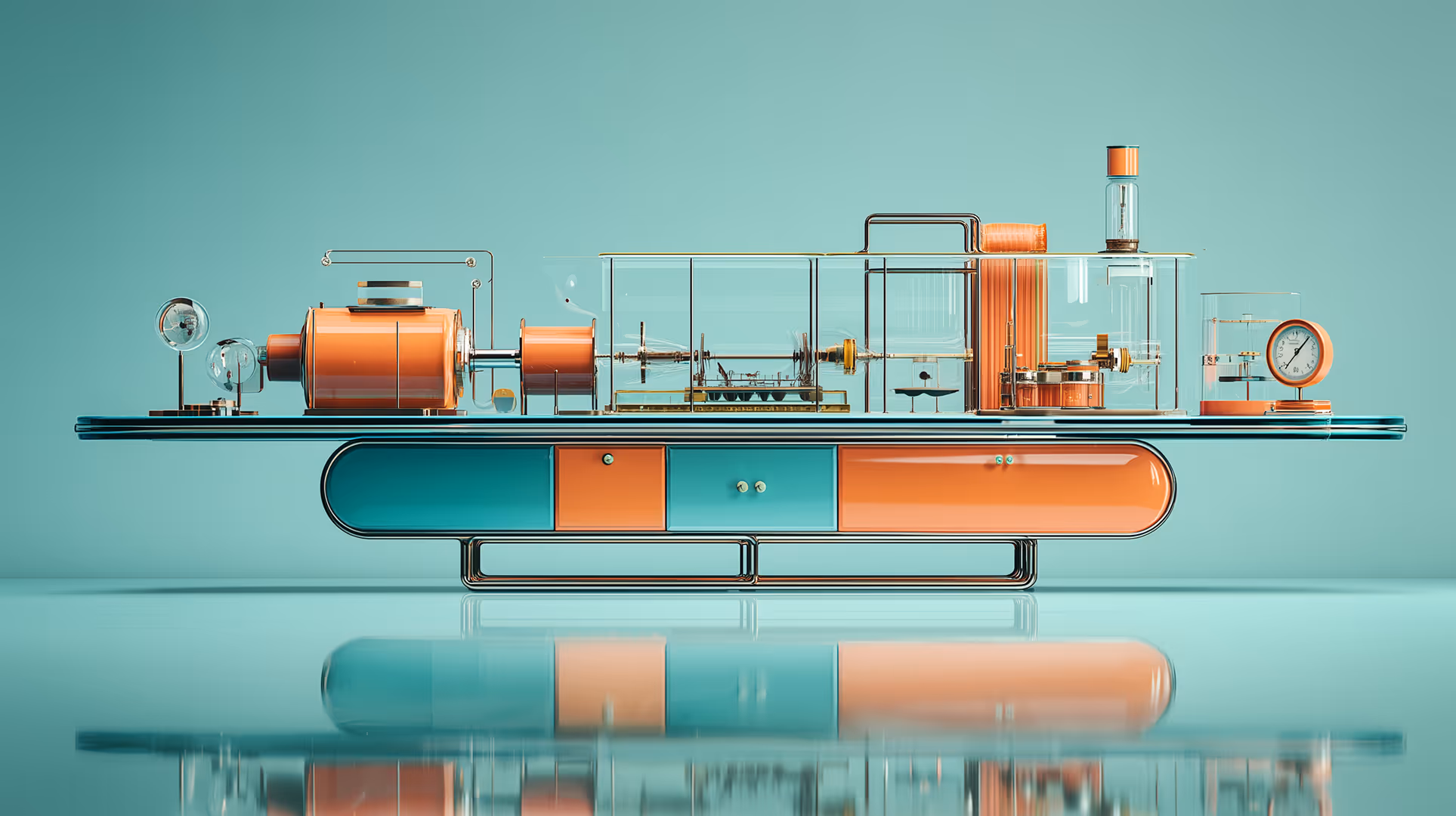 A Rube Goldberg machine on a mid-century futuristic desk.