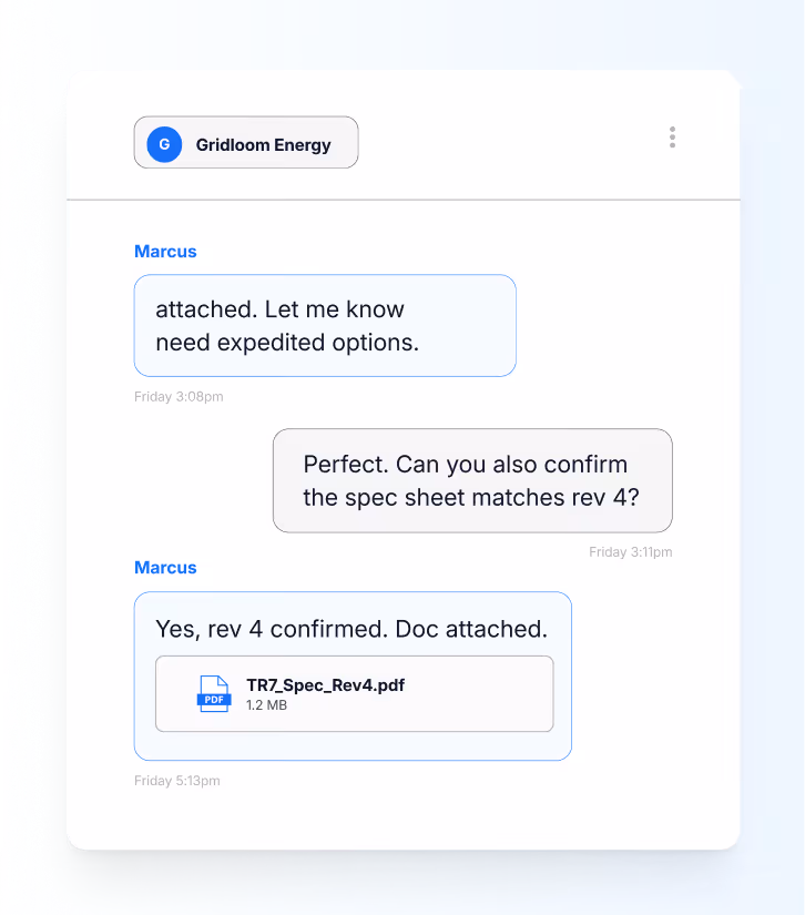 Chat conversation between Marcus and Gridloom Energy discussing a document attachment and confirmation of revision 4, including a PDF file named TR7_Spec_Rev4.pdf.