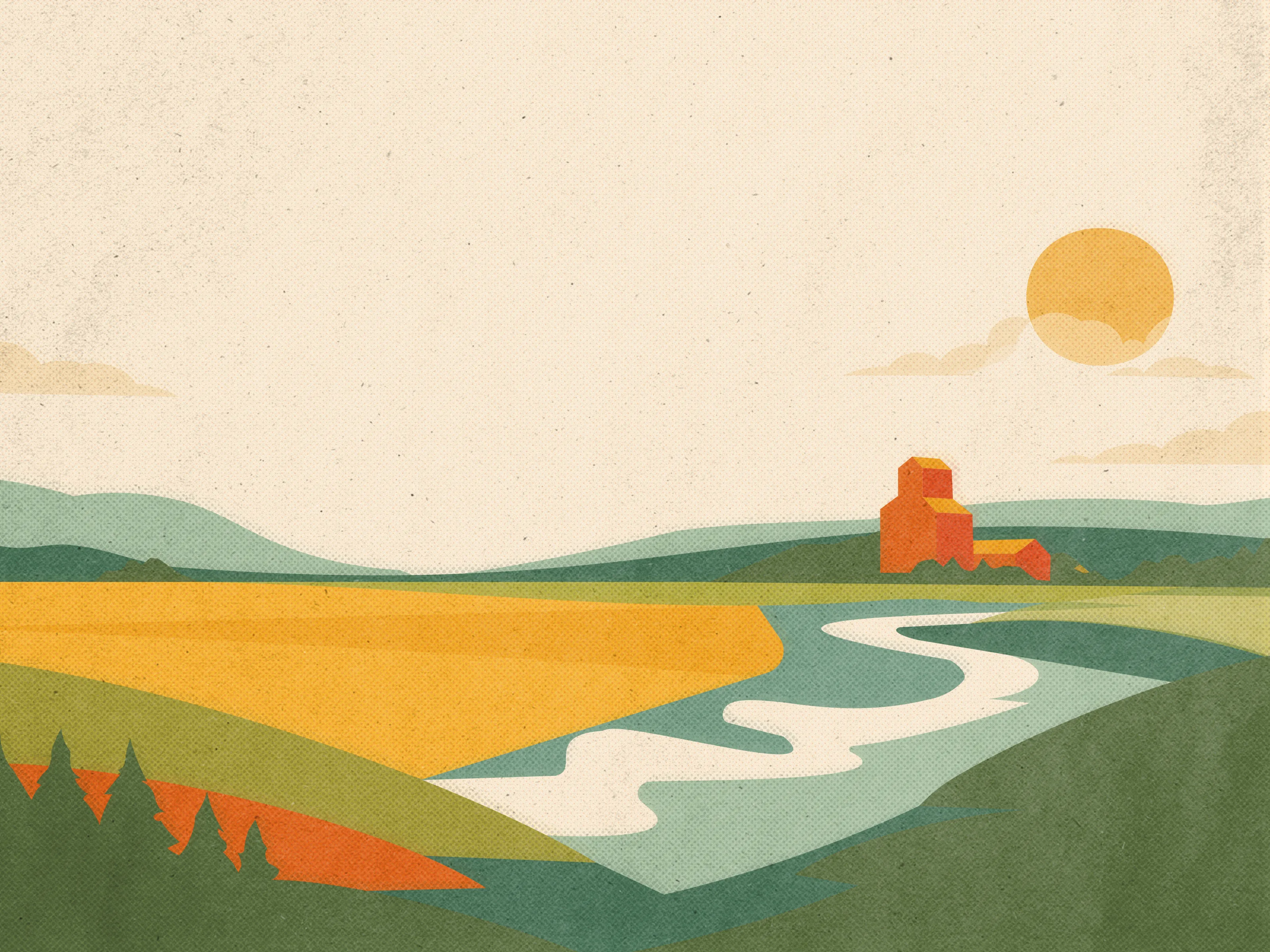 Stylized prairie horizon illustration in Ovenbird Market palette