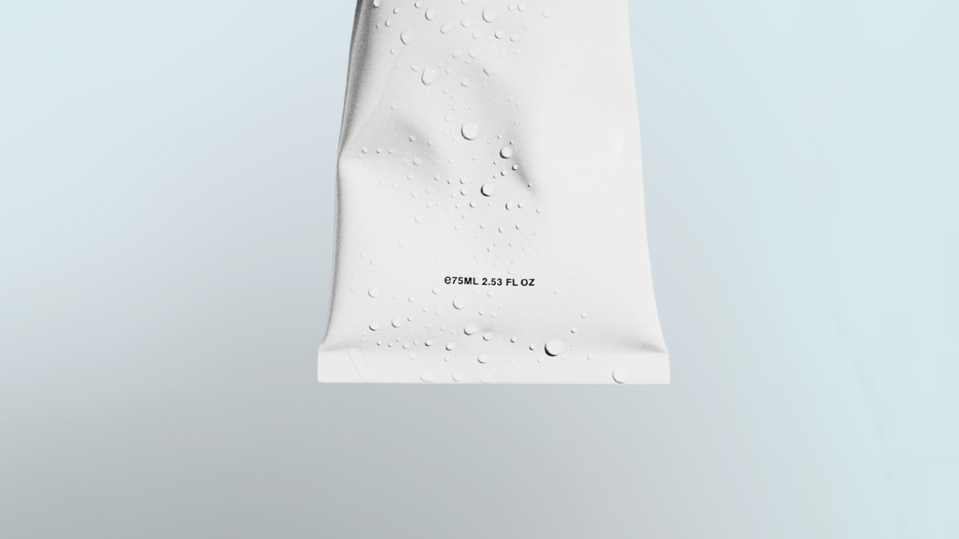 Minimal clear skincare pouch with water droplets, highlighting hydration and clean product texture