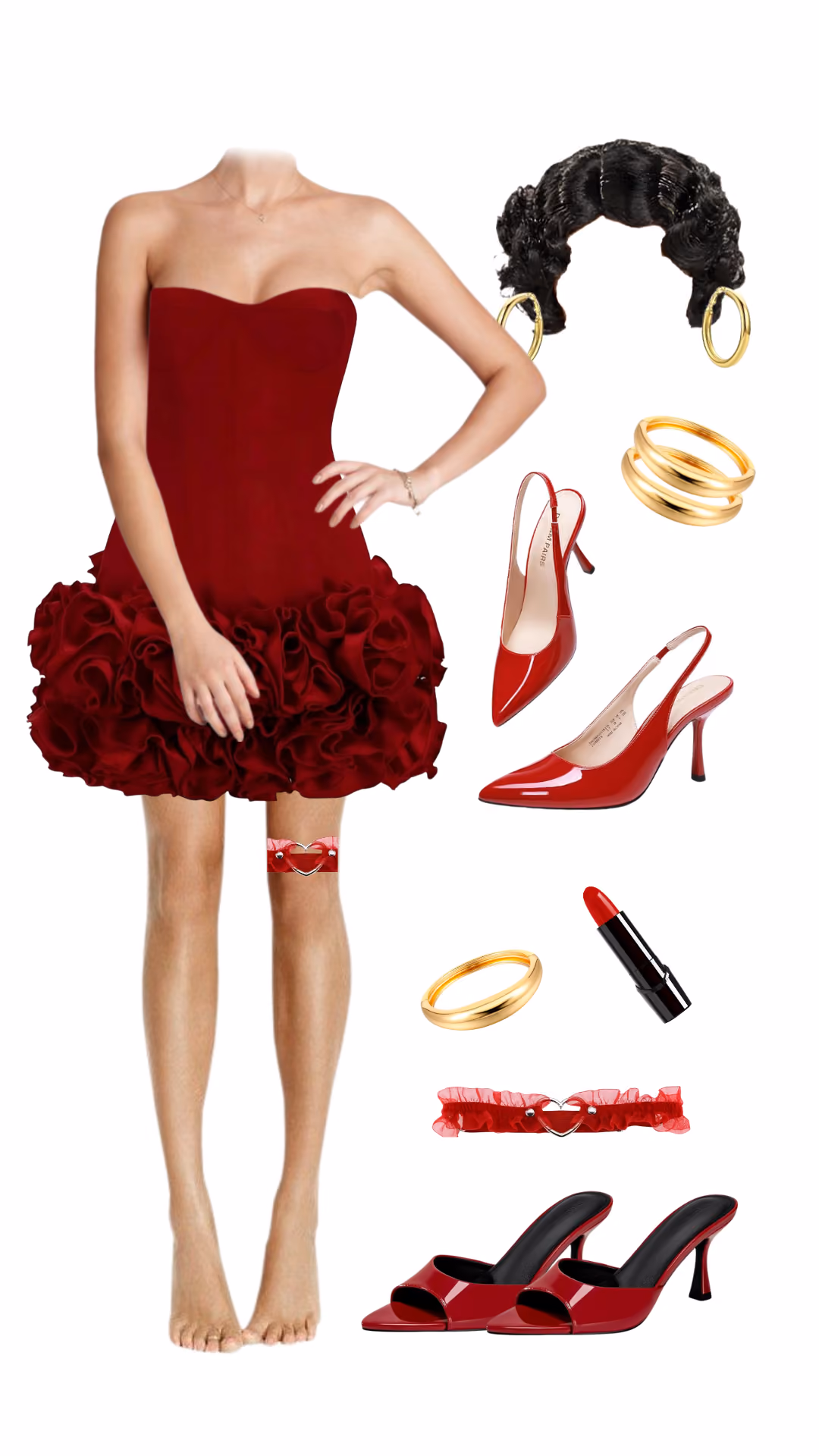 Betty Boop-inspired Halloween costume with strapless red ruffled mini dress, black finger-wave wig, gold hoop earrings, red garter, and red pointed-toe heels