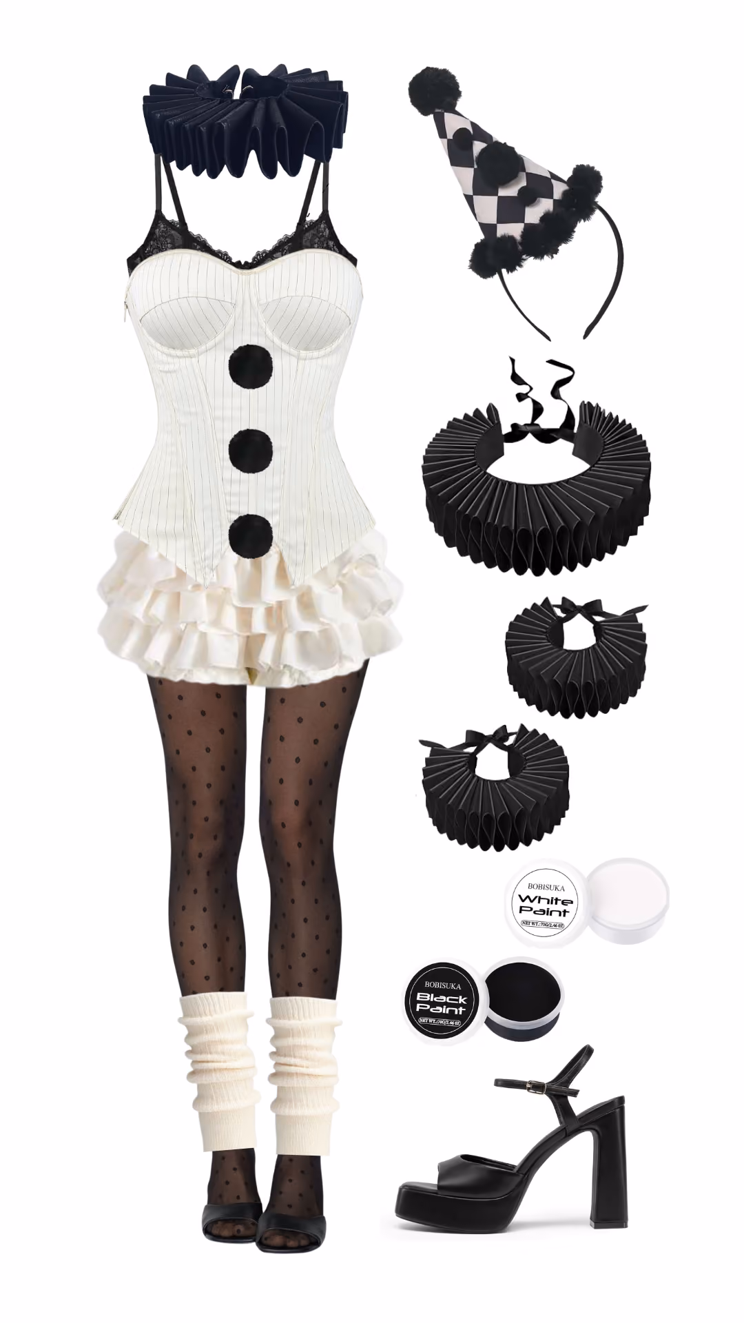 Pierrot clown-inspired Halloween costume with ivory pinstripe corset, pom-pom buttons, ruffled tutu skirt, black ruffle collar, harlequin pom-pom hat, polka dot tights, and black platform sandals