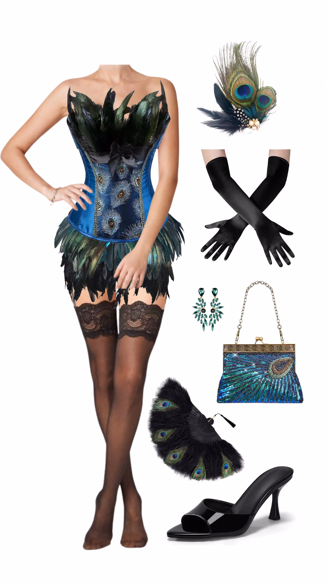 Peacock-inspired Halloween costume with teal peacock-print corset, black feather skirt, black lace-top stockings, peacock feather hair clip, black opera gloves, and black mule heels
