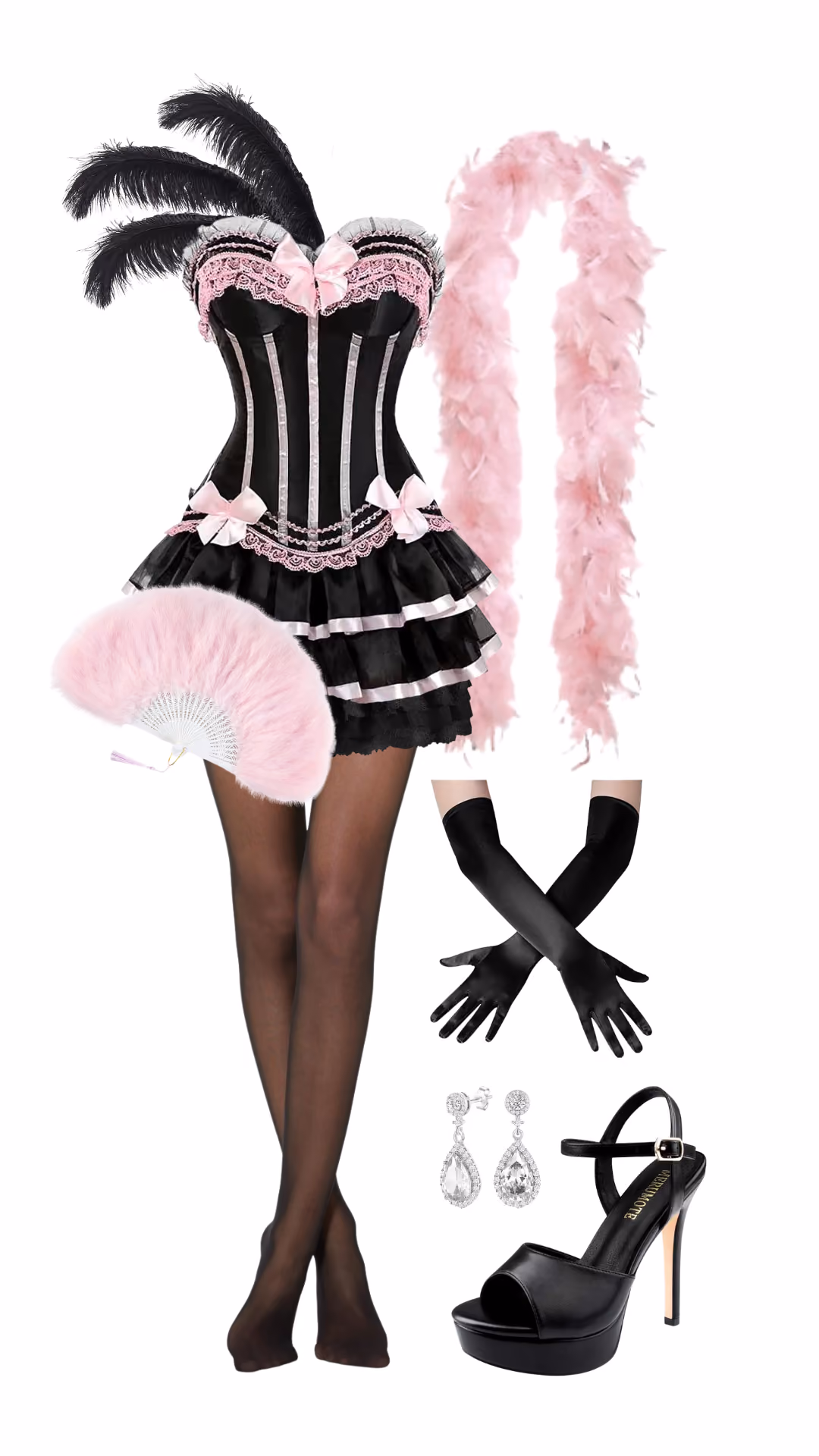 Burlesque-inspired Halloween costume with black satin corset, pink lace trim, black ostrich feather headpiece, pink feather boa, black opera gloves, and black platform heels
