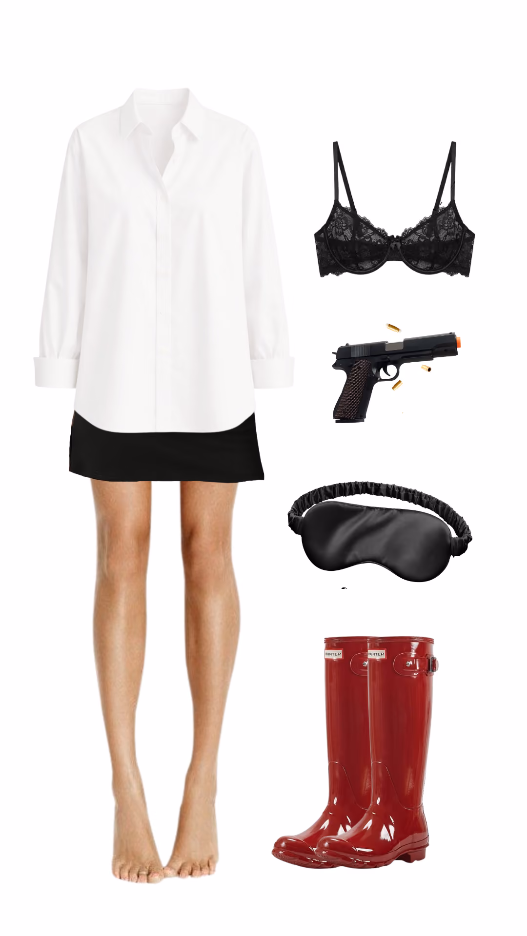 Mrs. Smith (Mr. & Mrs. Smith)-inspired Halloween costume with oversized white shirt dress, black lace bra, toy pistol prop, black satin sleep mask, and red rain boots