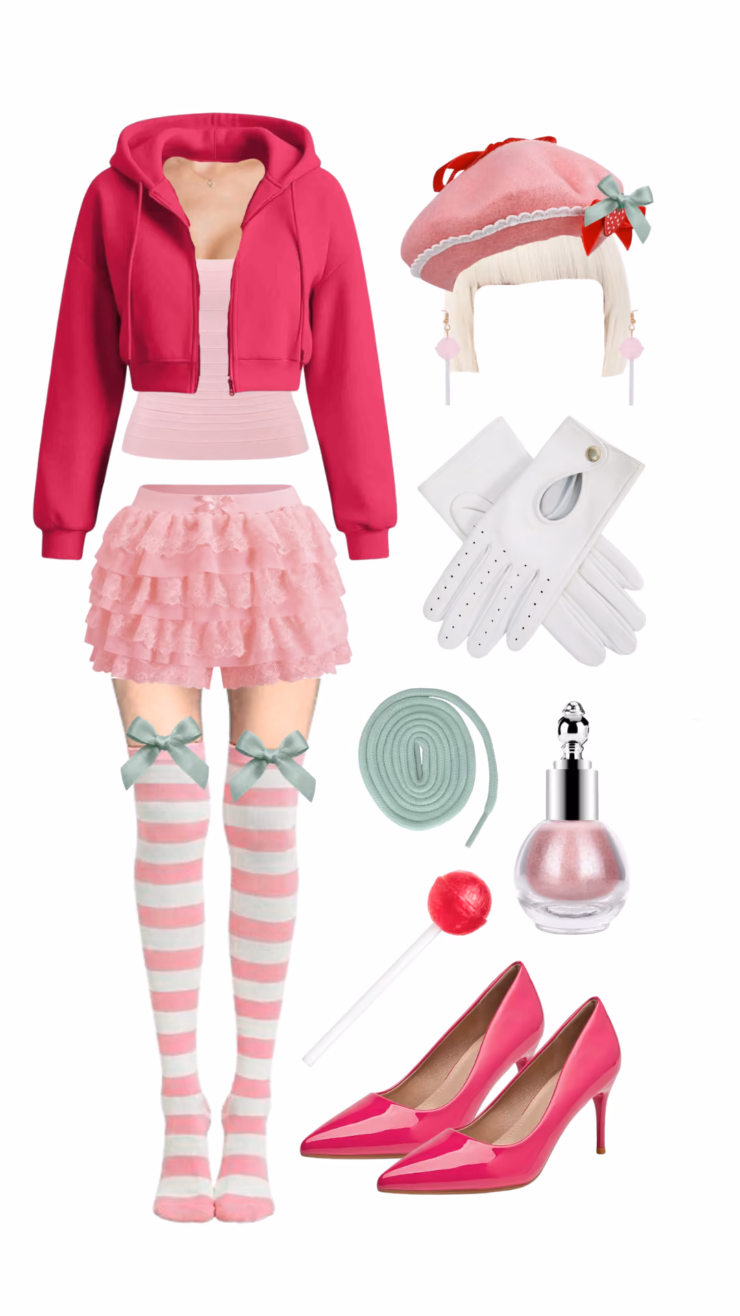 Taffyta Muttonfudge-inspired Halloween costume with hot pink zip hoodie, pink ruffled lace skort, pink and white striped over-knee socks, and pink beret wig